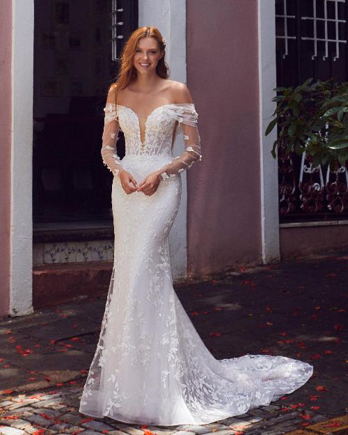 La23108 lace strapless wedding dress with sleeves off the shoulder1
